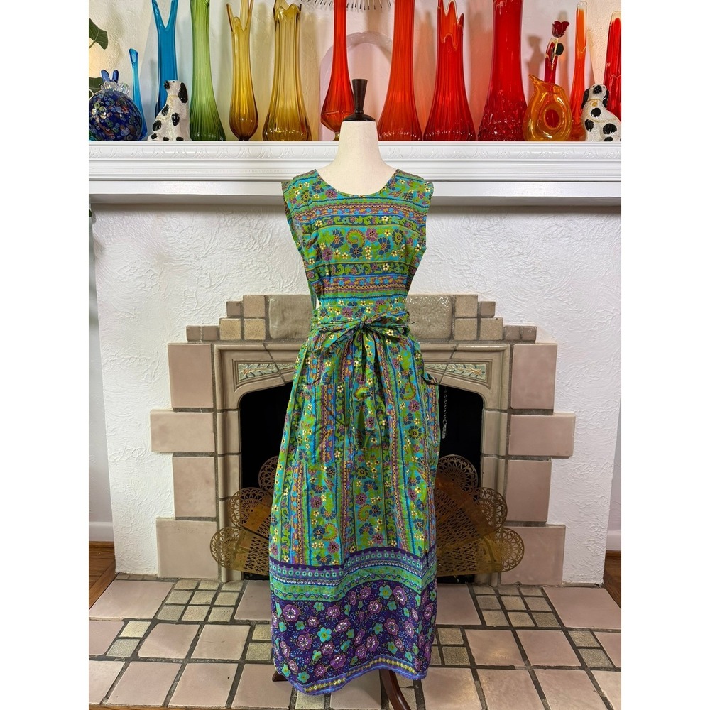 Design House Vintage 70s Psychedelic Stripe Maxi Open Back Cotton Japan S